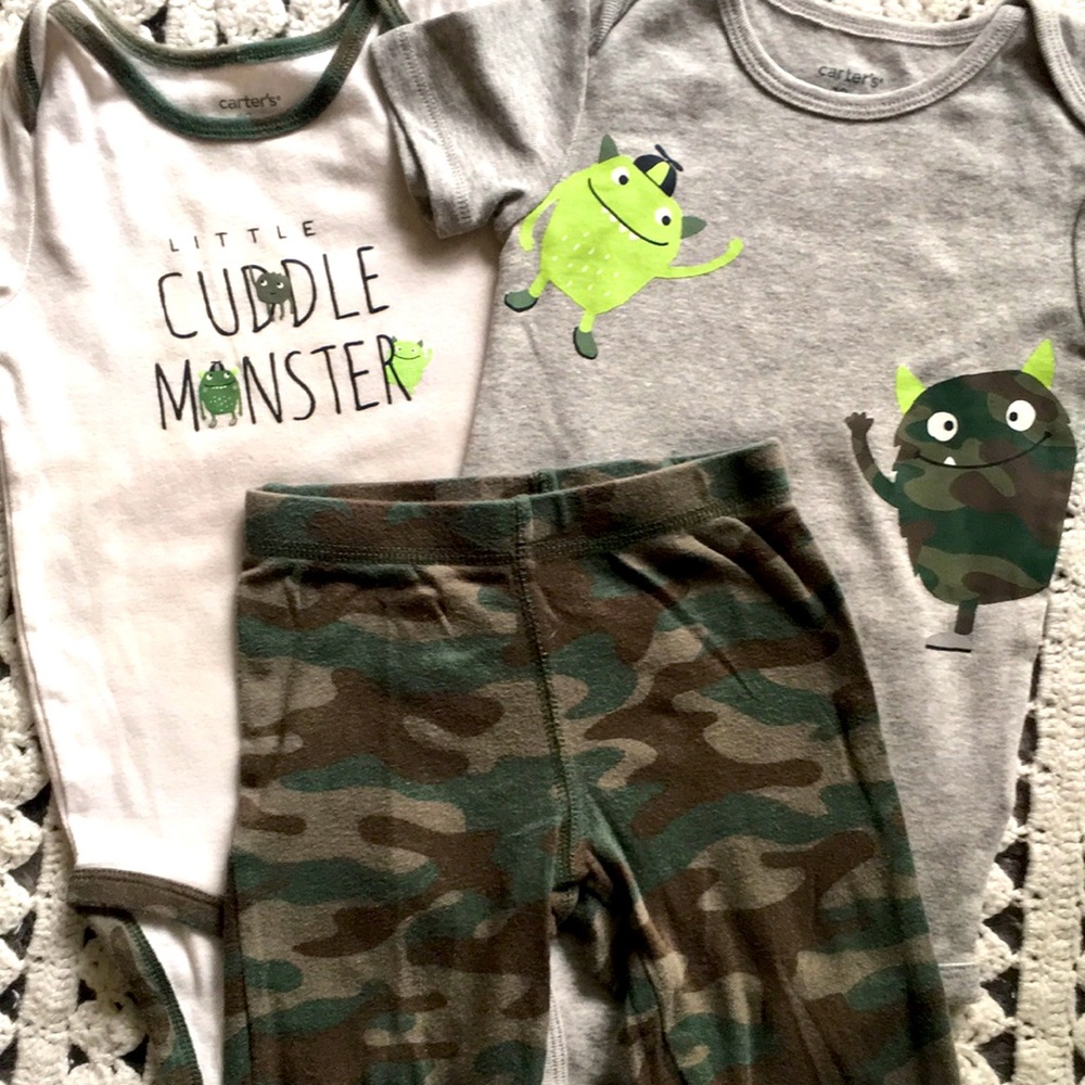 2 toddler boys onesies with monster print. W pants sz 18 mo